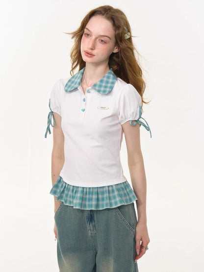 Gingham Frill Hem Puff Ribbon Sleeve Doll Collar Polo Shirt【s0000013033】