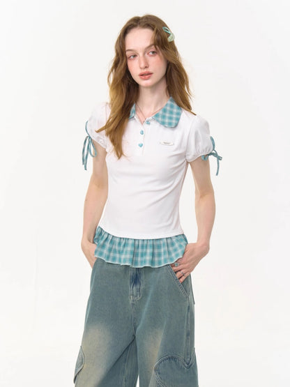 Gingham Frill Hem Puff Ribbon Sleeve Doll Collar Polo Shirt【s0000013033】