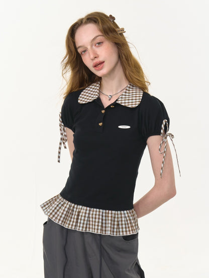 Gingham Frill Hem Puff Ribbon Sleeve Doll Collar Polo Shirt【s0000013033】