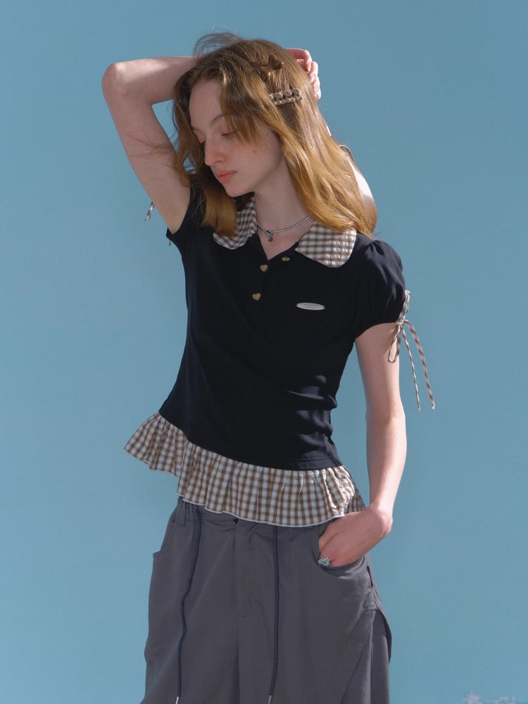 Gingham Frill Hem Puff Ribbon Sleeve Doll Collar Polo Shirt【s0000013033】