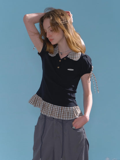Gingham Frill Hem Puff Ribbon Sleeve Doll Collar Polo Shirt【s0000013033】