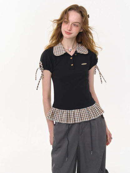 Gingham Frill Hem Puff Ribbon Sleeve Doll Collar Polo Shirt【s0000013033】