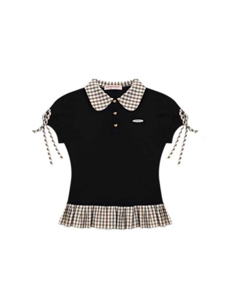 Gingham Frill Hem Puff Ribbon Sleeve Doll Collar Polo Shirt【s0000013033】