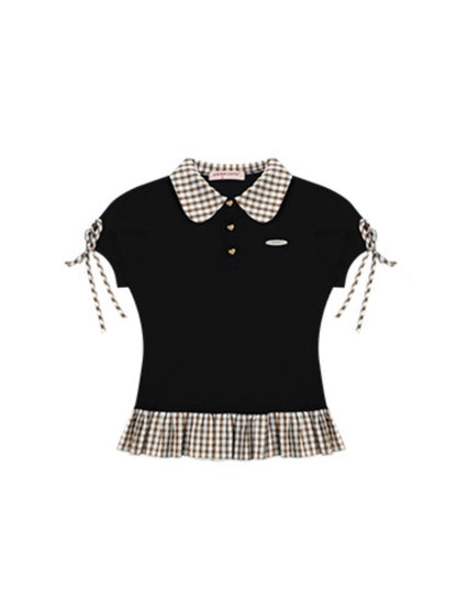 Gingham Frill Hem Puff Ribbon Sleeve Doll Collar Polo Shirt【s0000013033】