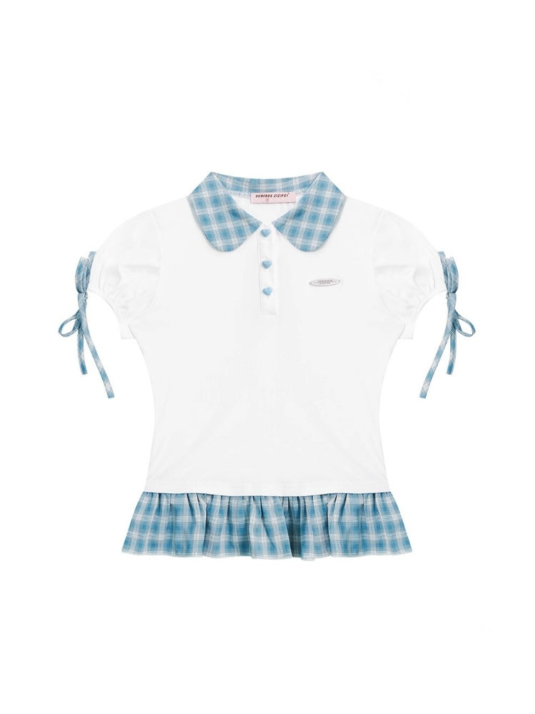 Gingham Frill Hem Puff Ribbon Sleeve Doll Collar Polo Shirt【s0000013033】