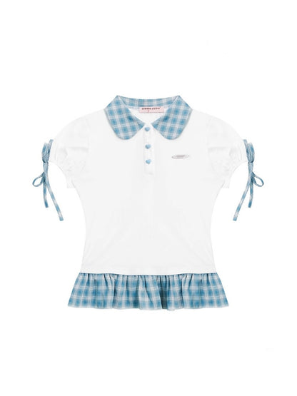 Gingham Frill Hem Puff Ribbon Sleeve Doll Collar Polo Shirt【s0000013033】