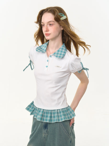 Gingham Frill Hem Puff Ribbon Sleeve Doll Collar Polo Shirt【s0000013033】