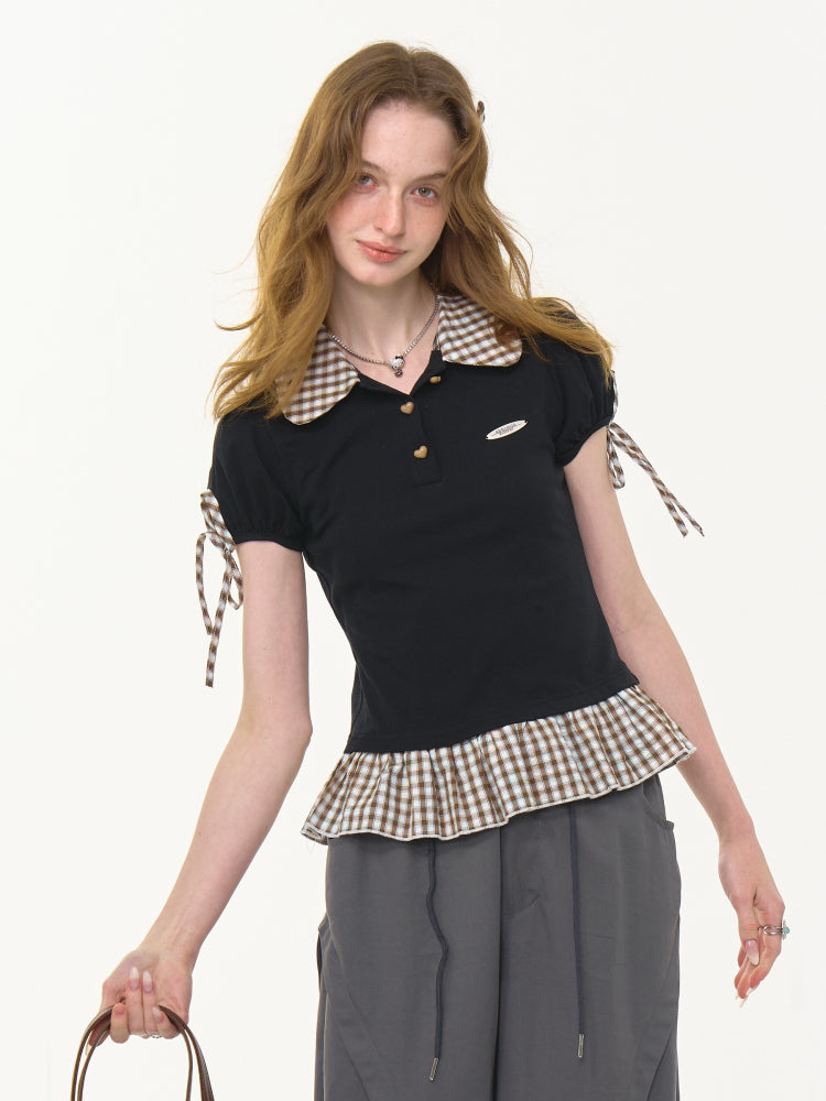 Gingham Frill Hem Puff Ribbon Sleeve Doll Collar Polo Shirt【s0000013033】