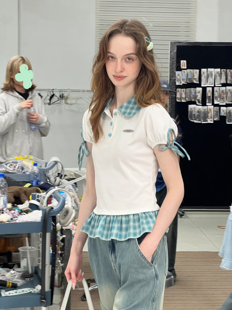 Gingham Frill Hem Puff Ribbon Sleeve Doll Collar Polo Shirt【s0000013033】