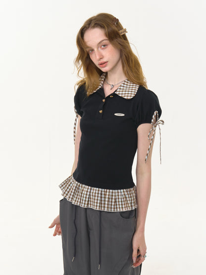Gingham Frill Hem Puff Ribbon Sleeve Doll Collar Polo Shirt【s0000013033】