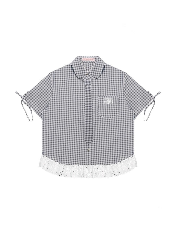 Plaid Polka Dot Ruffle Hem Tie Short Sleeve Shirt【s0000013034】