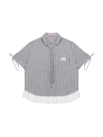 Plaid Polka Dot Ruffle Hem Tie Short Sleeve Shirt【s0000013034】