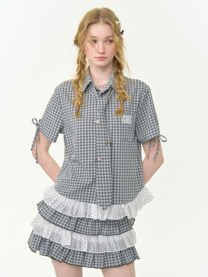 Plaid Polka Dot Ruffle Hem Tie Short Sleeve Shirt【s0000013034】