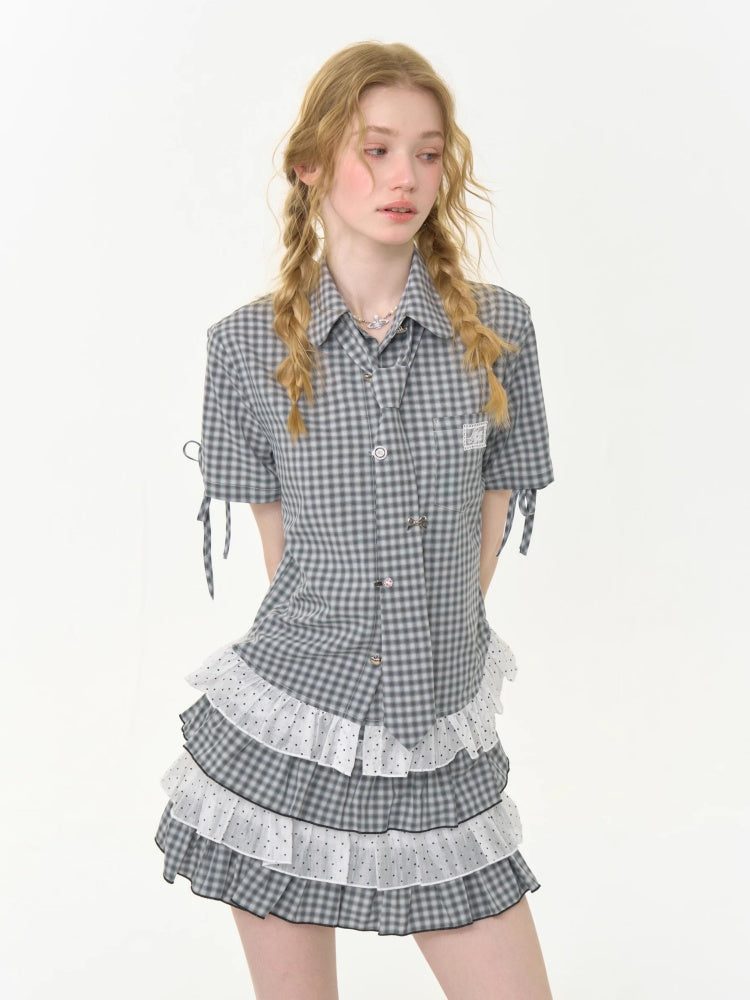 Plaid Polka Dot Ruffle Hem Tie Short Sleeve Shirt【s0000013034】