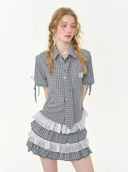 Plaid Polka Dot Ruffle Hem Tie Short Sleeve Shirt【s0000013034】