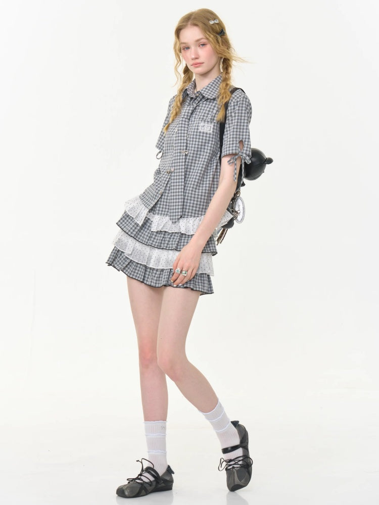 Plaid Polka Dot Ruffle Hem Tie Short Sleeve Shirt【s0000013034】