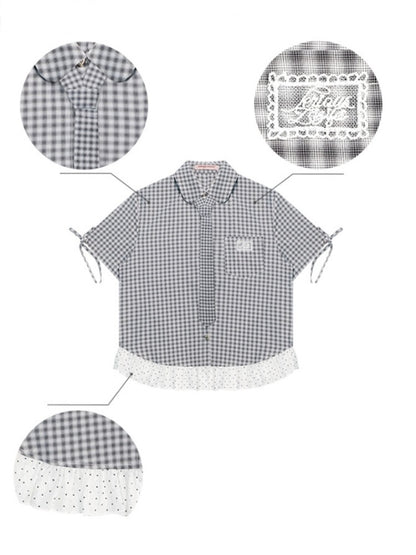 Plaid Polka Dot Ruffle Hem Tie Short Sleeve Shirt【s0000013034】