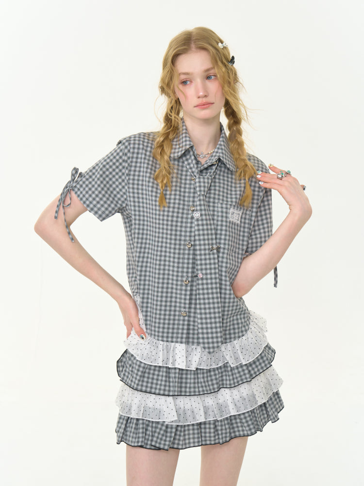 Plaid Polka Dot Ruffle Hem Tie Short Sleeve Shirt【s0000013034】