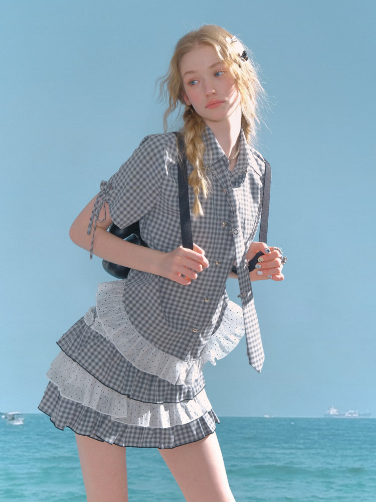 Plaid Polka Dot Ruffle Hem Tie Short Sleeve Shirt【s0000013034】