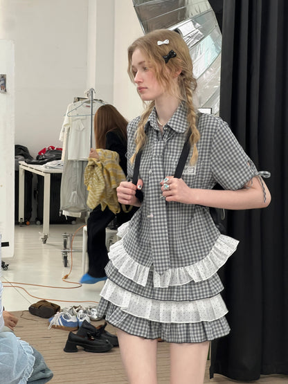 Plaid Polka Dot Ruffle Hem Tie Short Sleeve Shirt【s0000013034】