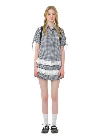 Plaid Polka Dot Ruffle Hem Tie Short Sleeve Shirt【s0000013034】