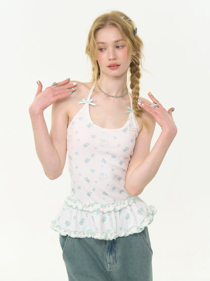 Rabbit Floral Ruffle Hem Halter Neck Camisole【s0000013035】