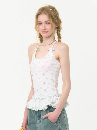 Rabbit Floral Ruffle Hem Halter Neck Camisole【s0000013035】
