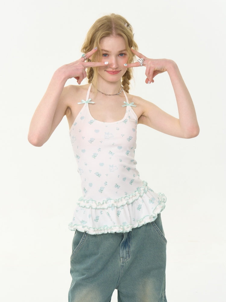 Rabbit Floral Ruffle Hem Halter Neck Camisole【s0000013035】