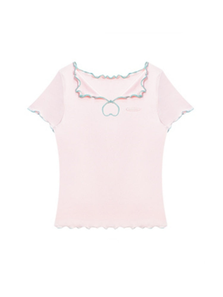 Scalloped Cut Out Heart Short Sleeve T-Shirt【s0000013036】