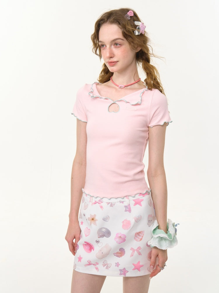 Scalloped Cut Out Heart Short Sleeve T-Shirt【s0000013036】