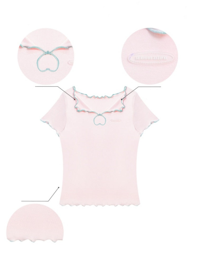 Scalloped Cut Out Heart Short Sleeve T-Shirt【s0000013036】