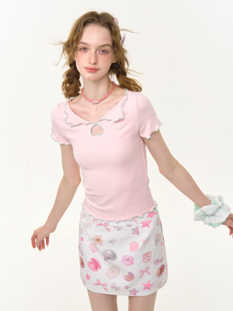 Scalloped Cut Out Heart Short Sleeve T-Shirt【s0000013036】