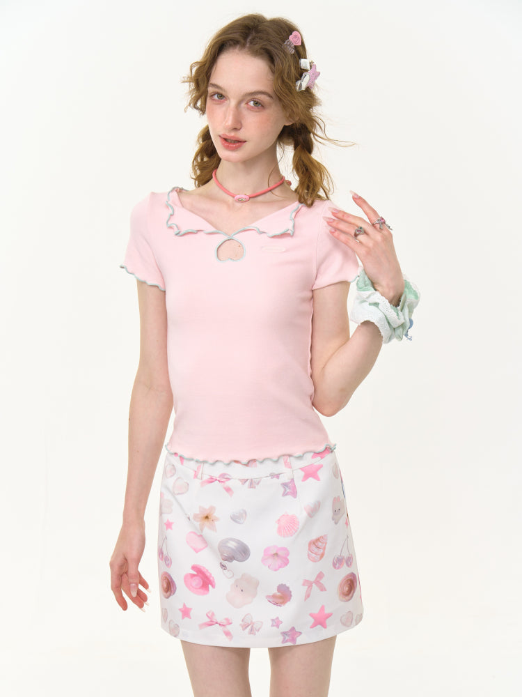 Scalloped Cut Out Heart Short Sleeve T-Shirt【s0000013036】