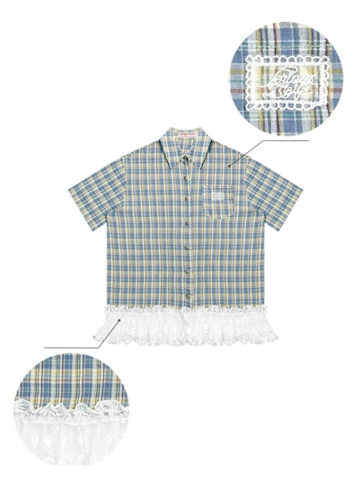 Check Stitching Lace Hem Short Sleeve Shirt【s0000013037】