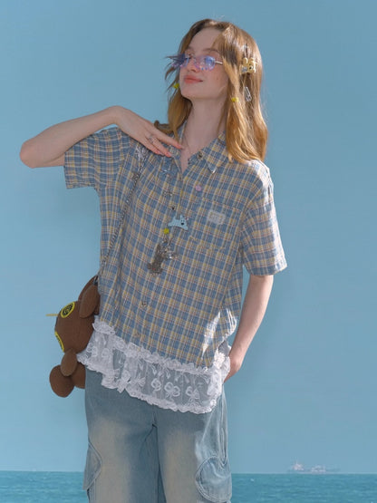 Check Stitching Lace Hem Short Sleeve Shirt【s0000013037】