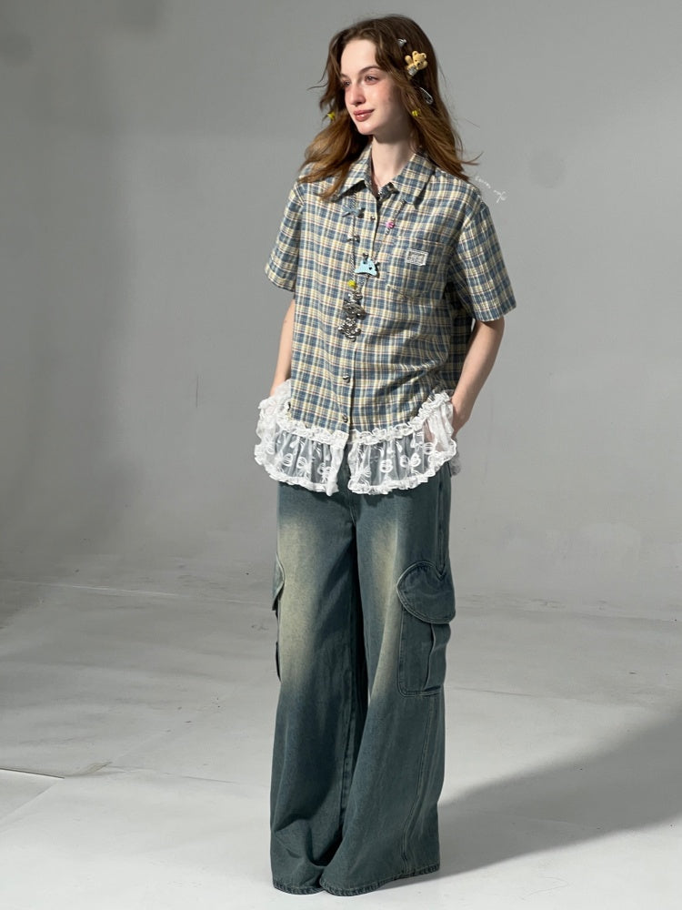 Check Stitching Lace Hem Short Sleeve Shirt【s0000013037】