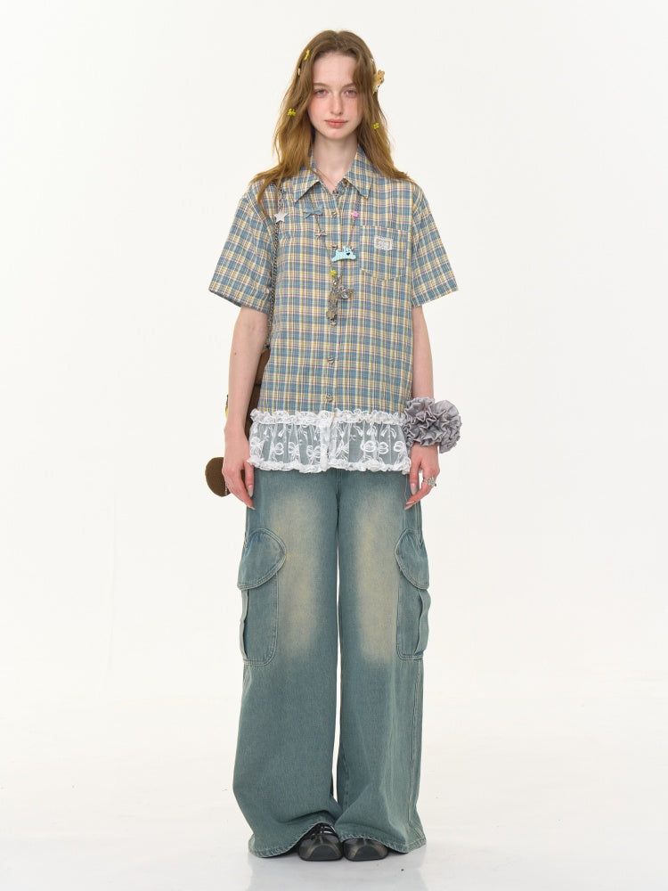 Check Stitching Lace Hem Short Sleeve Shirt【s0000013037】