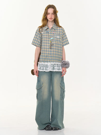 Check Stitching Lace Hem Short Sleeve Shirt【s0000013037】