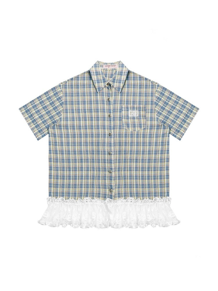 Check Stitching Lace Hem Short Sleeve Shirt【s0000013037】