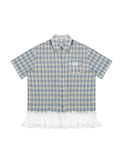 Check Stitching Lace Hem Short Sleeve Shirt【s0000013037】