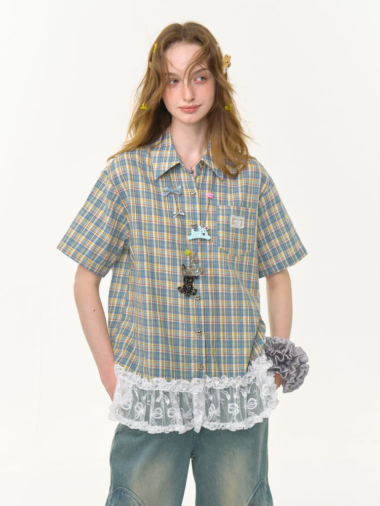 Check Stitching Lace Hem Short Sleeve Shirt【s0000013037】