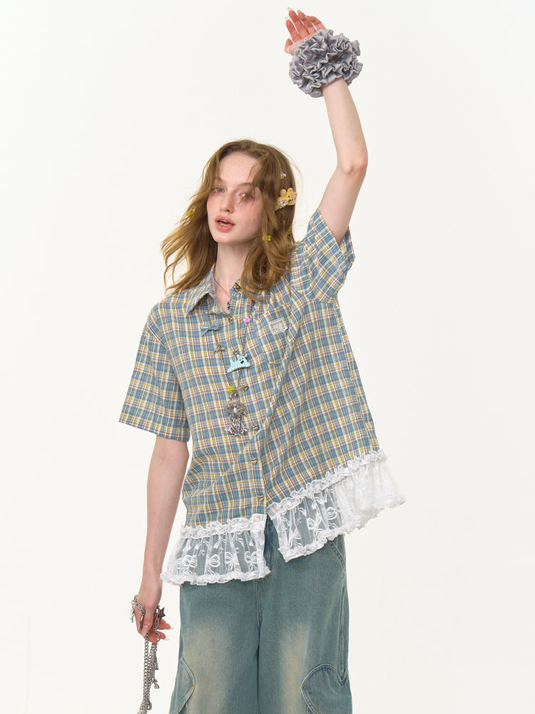 Check Stitching Lace Hem Short Sleeve Shirt【s0000013037】