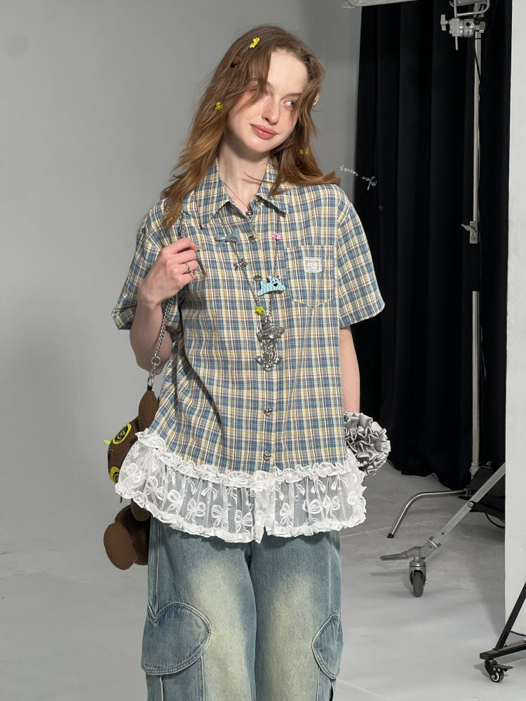 Check Stitching Lace Hem Short Sleeve Shirt【s0000013037】