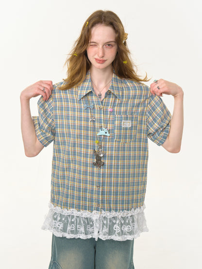 Check Stitching Lace Hem Short Sleeve Shirt【s0000013037】