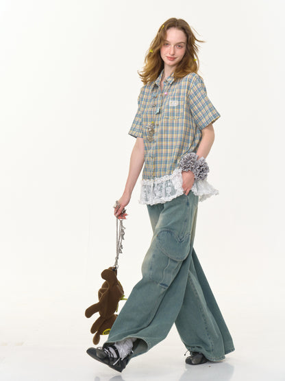 Check Stitching Lace Hem Short Sleeve Shirt【s0000013037】