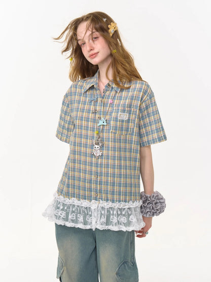 Check Stitching Lace Hem Short Sleeve Shirt【s0000013037】