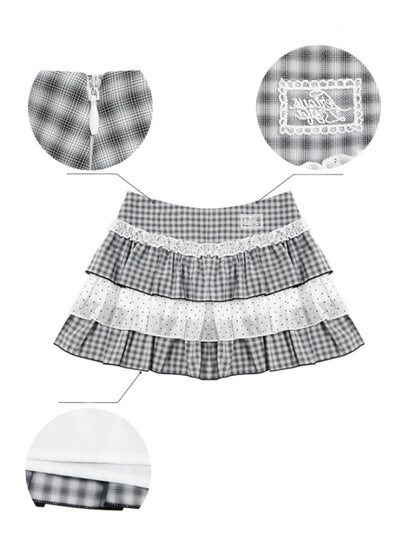 Polka Dot Check Pleated Lace Cake Mini Skirt【s0000013038】
