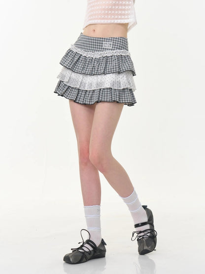 Polka Dot Check Pleated Lace Cake Mini Skirt【s0000013038】