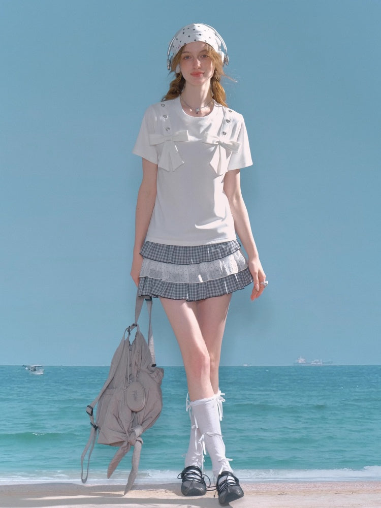 Polka Dot Check Pleated Lace Cake Mini Skirt【s0000013038】