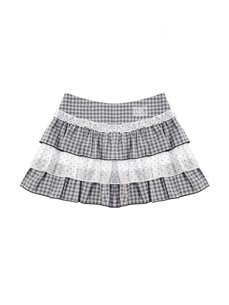 Polka Dot Check Pleated Lace Cake Mini Skirt【s0000013038】